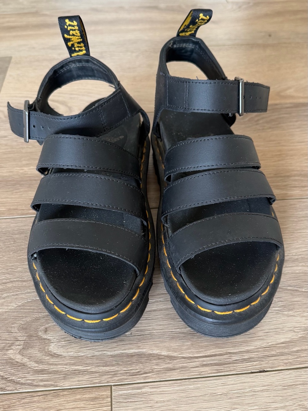 Dr. Martens Kids Black Leather Triple-Strap Sandals with Yellow Stitching
